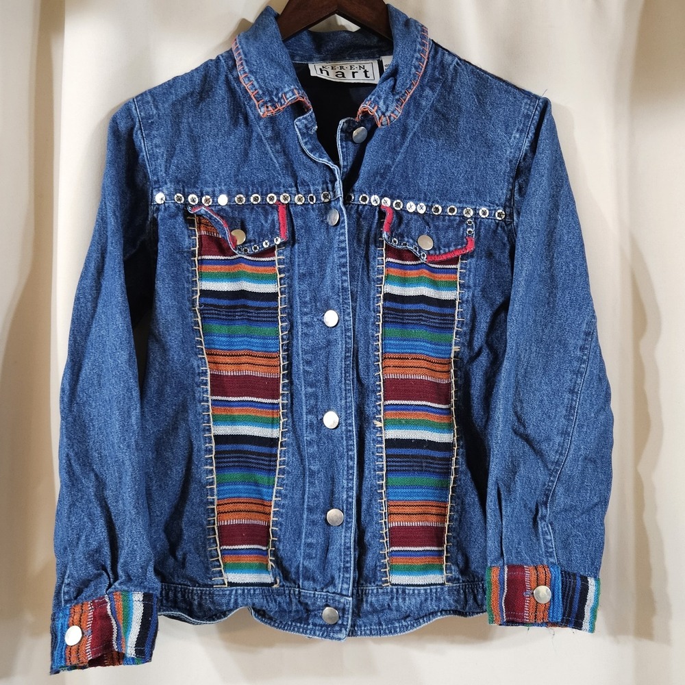 Keren Hart Women's Denim Embroidered Tribe Boho Jean Jacket Women's Small Mayan